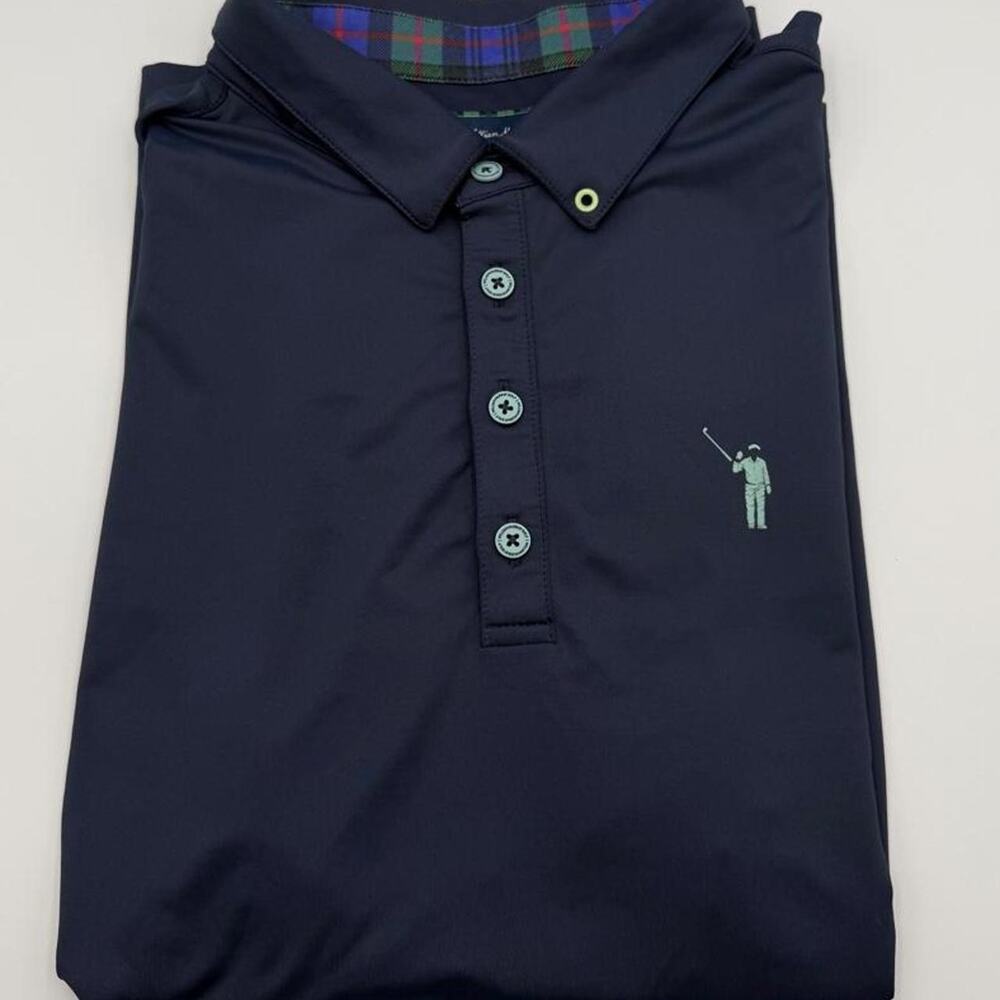 Navy blue William Murray polo shirt with plaid collar, size Large